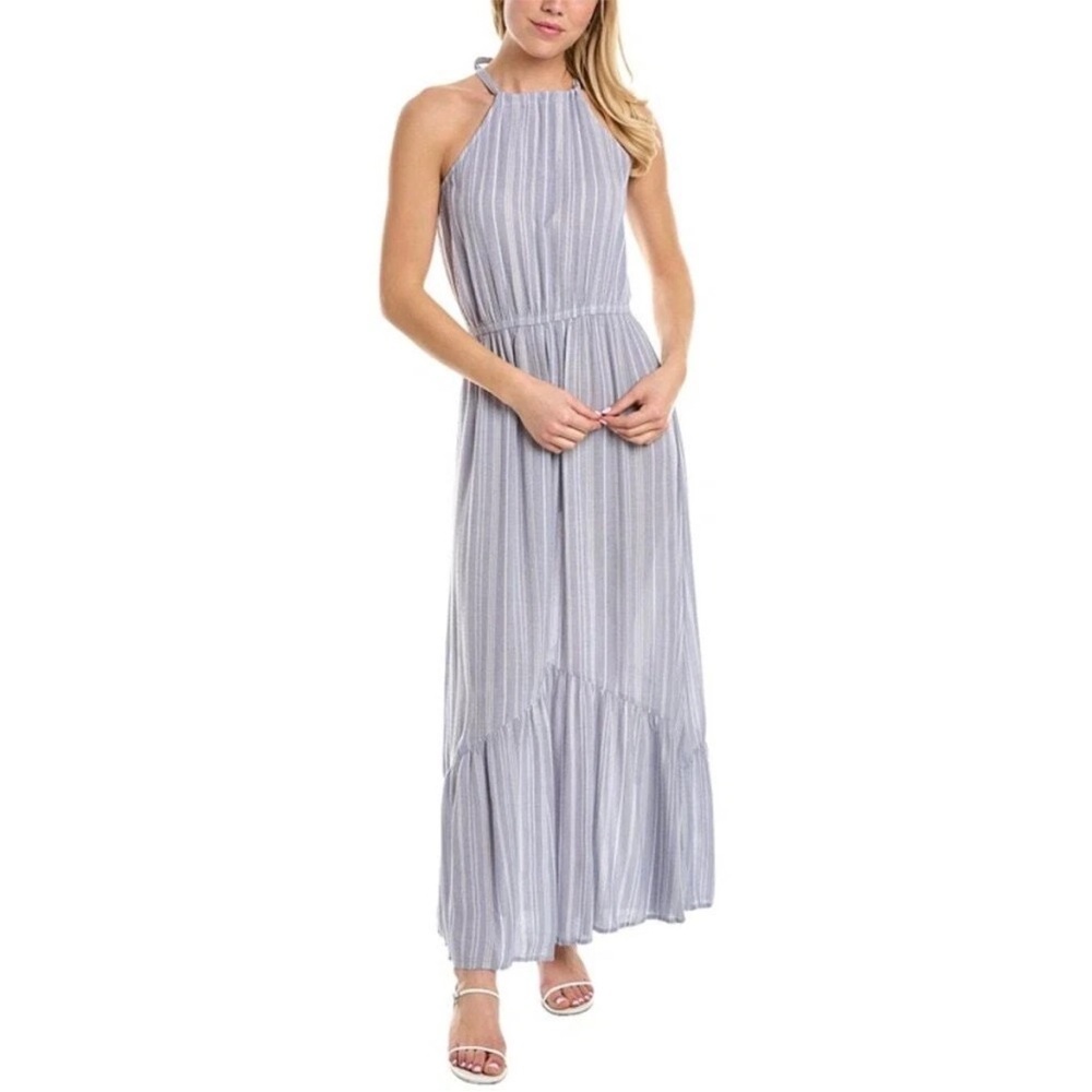 Lovestitch Chasing Waterfalls Blue Chambray Stripe Maxi Dress Tiered Skirt - L